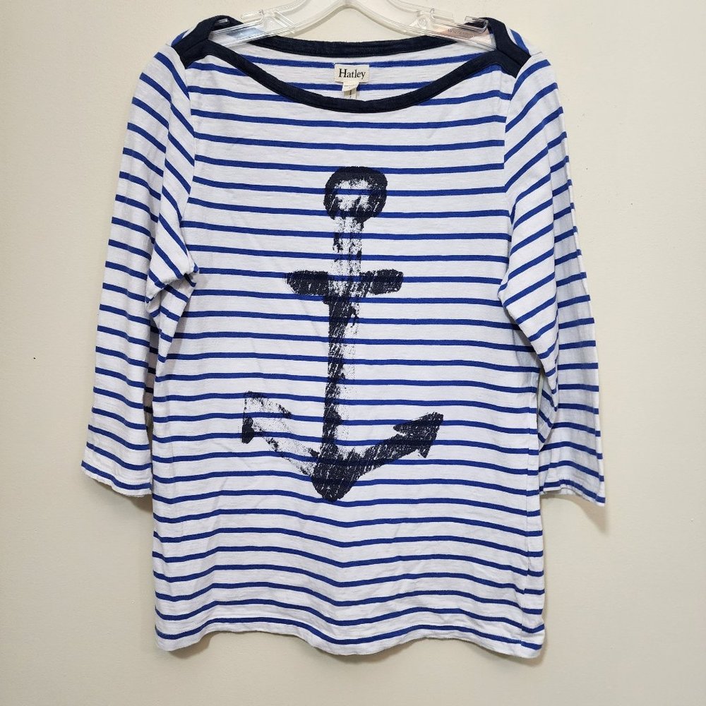 Hatley striped boat neck anchor‎ print 3/4 sleeve shirt woman's size large